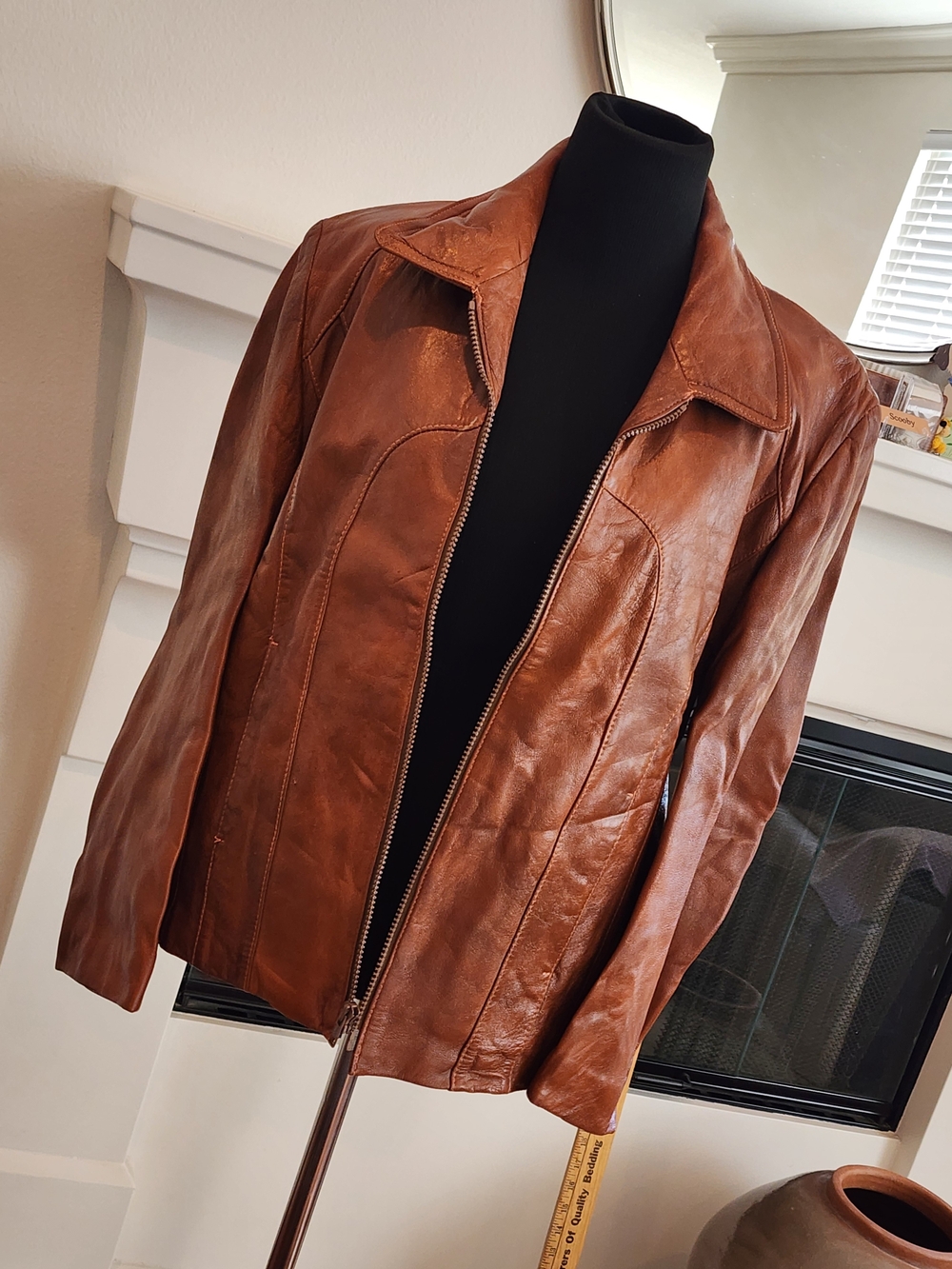 Women's Tan Leather Zip-Front Jacket